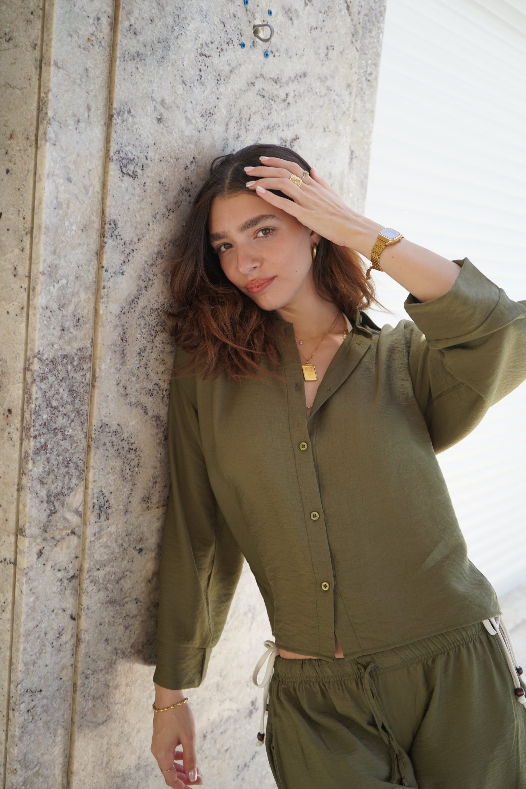 Womens Linen Shirt/Pants (Olive) - Image 3