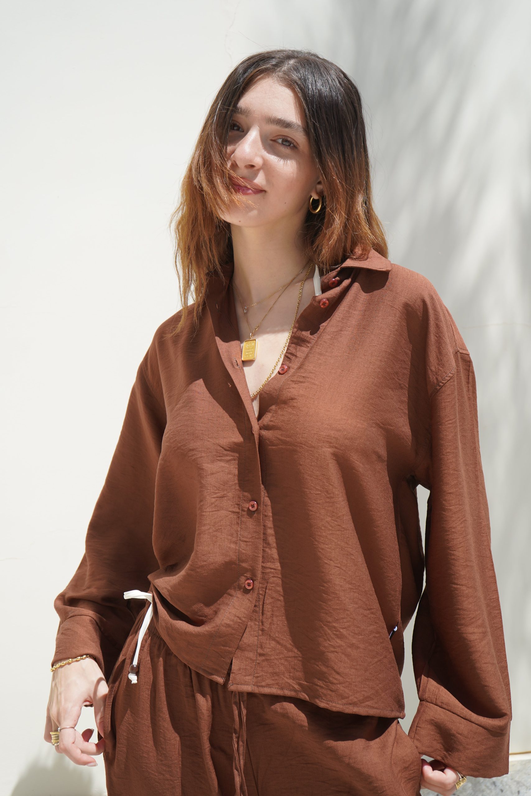 Womens Linen Shirt/Pants (Brown) - Image 3