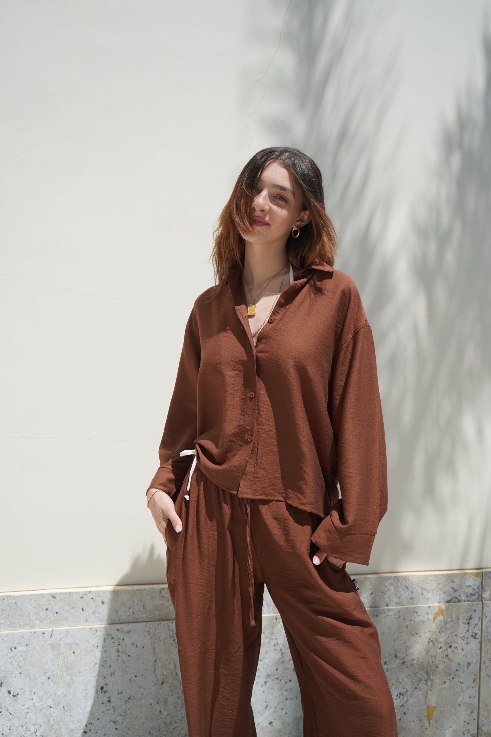 Womens Linen Shirt/Pants (Brown)